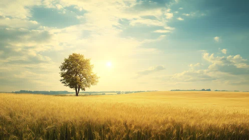 Golden wheat field and sunlit tree inviting quiet daydreams.
