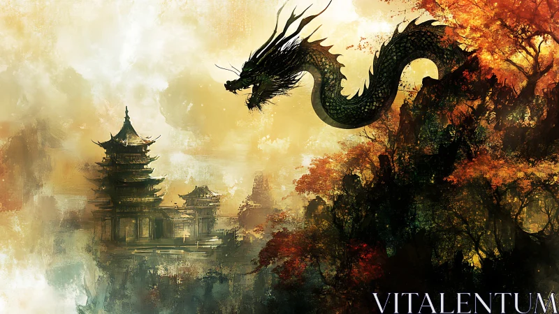 Mythic eastern dragon guards misted temple citadel skyline.