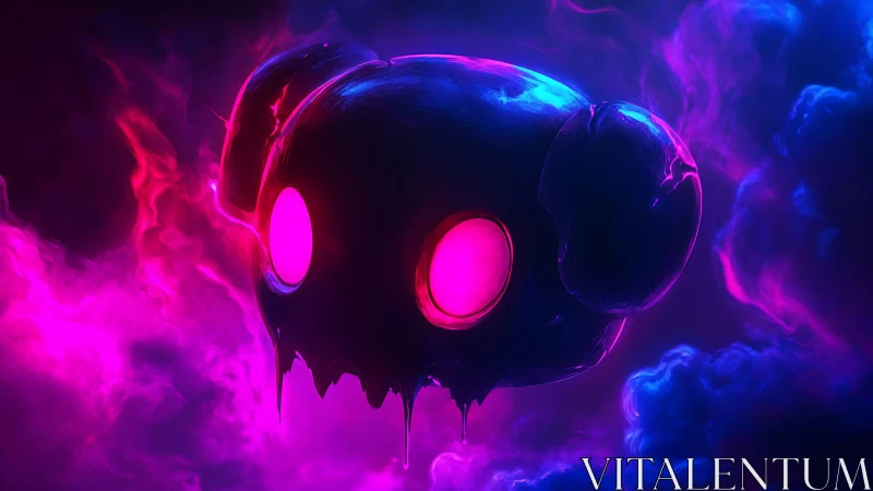 Glow-eyed cosmic skull drifting through neon clouds.
