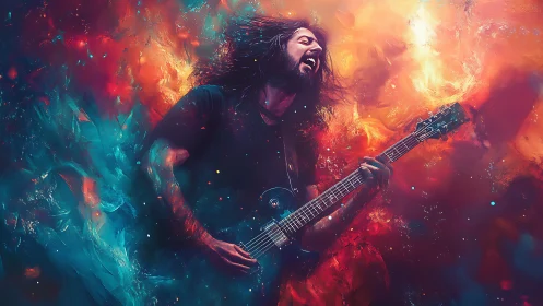 Guitarist in abstract red and blue digital environment.