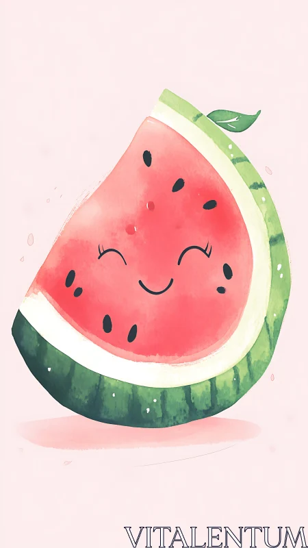 Smiling watermelon slice illustration with soft pastel hues.