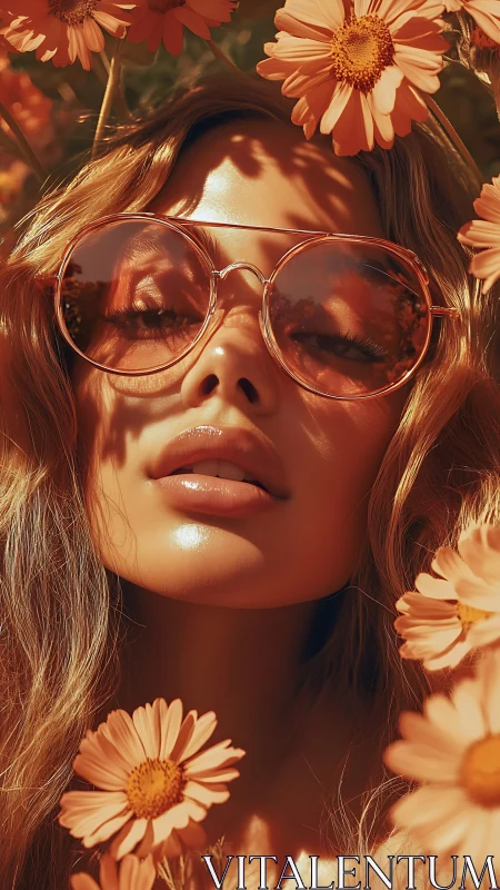 Close portrait of woman in sunglasses among orange flowers.
