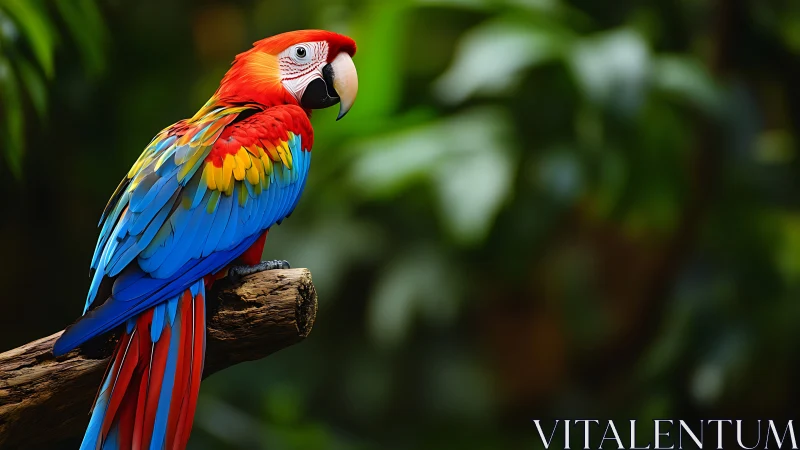 Vibrant Scarlet Macaw Perched in Lush Jungle, Nature Photography.