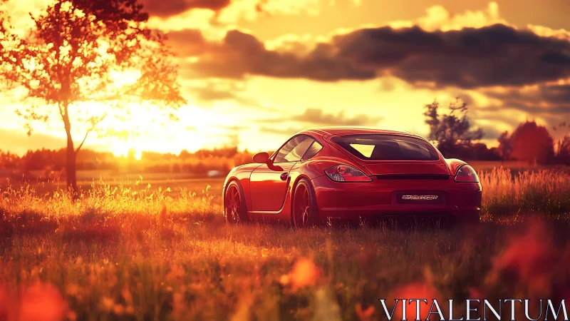 Sunset-drenched sports coupe lingers in a glowing meadow pause
