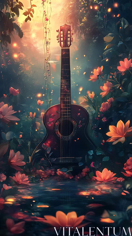Guitar stands in glowing forest pond amid floating petals