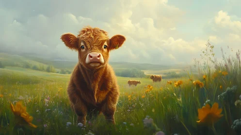 Young brown calf stands in flowered meadow under bright sky