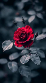 Blooming red rose with dark blurred foliage background