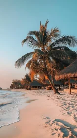 Palm Tree Silhouetted Against Tropical Beach Sunset.