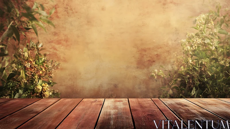 Sunlit rustic table framed by gentle garden greenery.