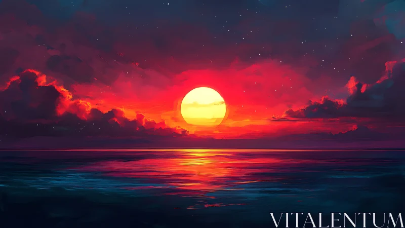 Glowing sunset over calm ocean wrapped in dreamy twilight.