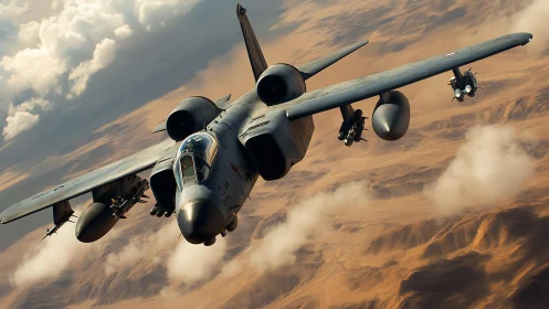 Twin‑engine strike aircraft flies over arid desert terrain