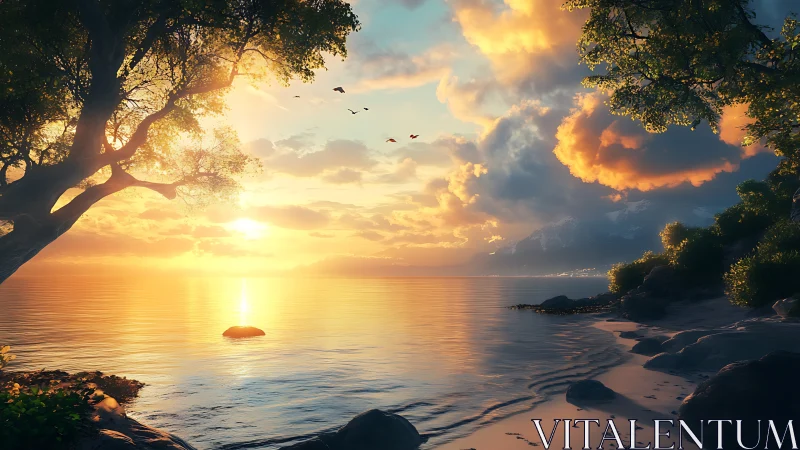 Golden sunrise paints a peaceful shore with gentle, glowing light