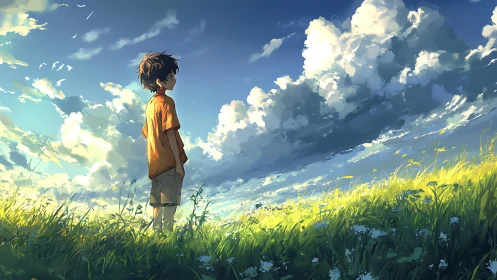 Boy in orange shirt contemplates drifting clouds over sunlit hill
