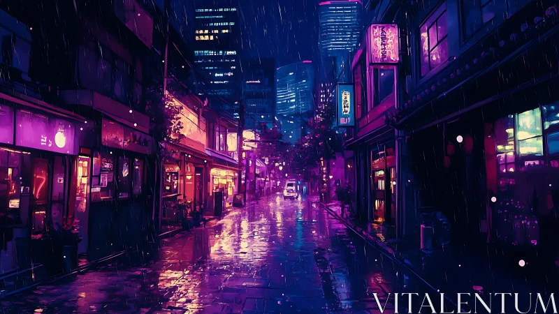 Neon city street glows softly in the rainwashed night
