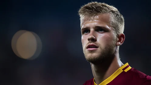 Male football player in red jersey under stadium lights.