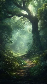 Ancient forest path with towering trees and radiant light