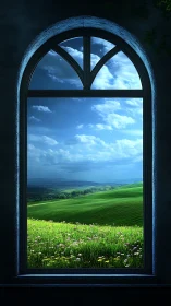 Sunlit green hills roll gently beyond a calm arched window