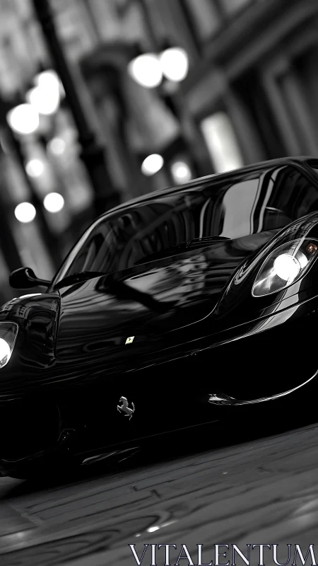 Black supercar cuts through blurred city night reflections.