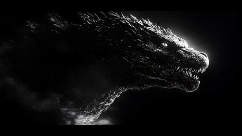 Shadow-lit dragon profile glowing in dramatic monochrome.