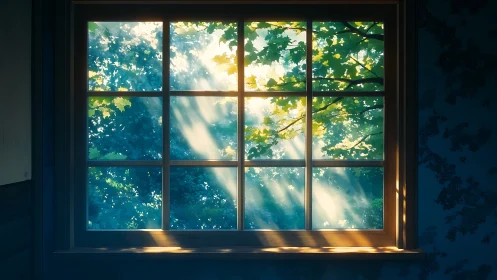 Sunlit forest window frames soft morning leaf glow.