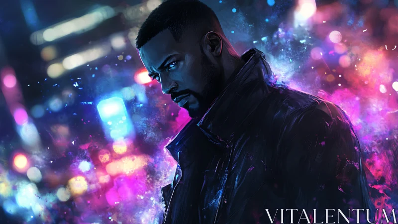 Neon-brooding night runner in glitchy cyberpunk drizzle.