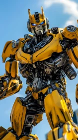 Bold yellow robot hero lit by clear afternoon sky.