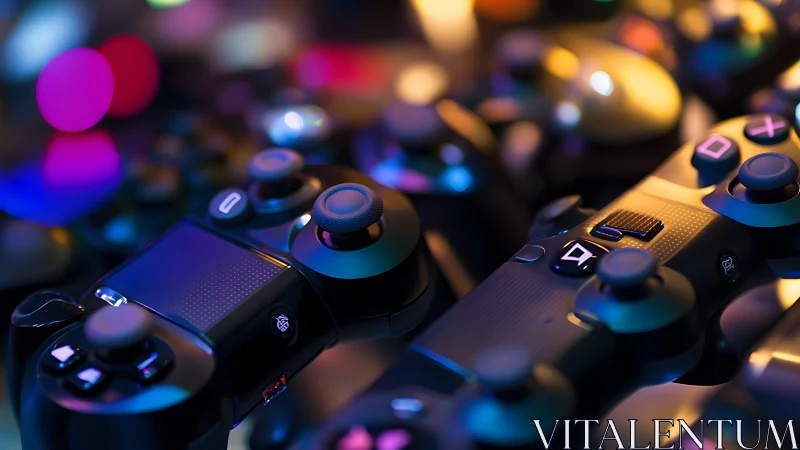 Game controllers stacked under neon gaming lights.