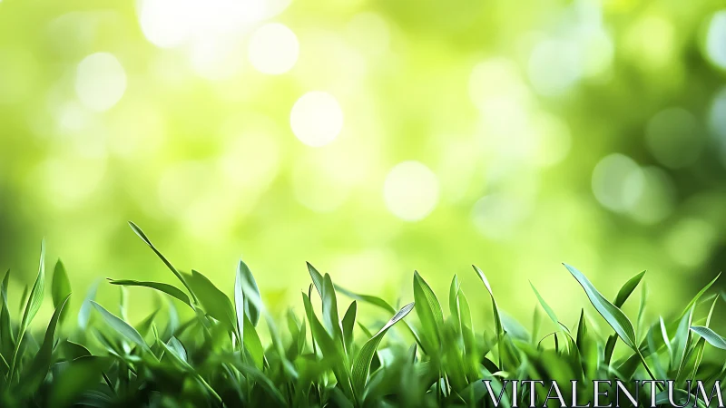 Fresh green grass with soft sunlight and bokeh background, nature style.
