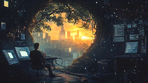 Solitary coder observes luminous cybernetic city at dusk