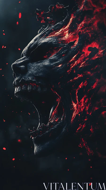 Infernal skull erupts in molten flame against void.