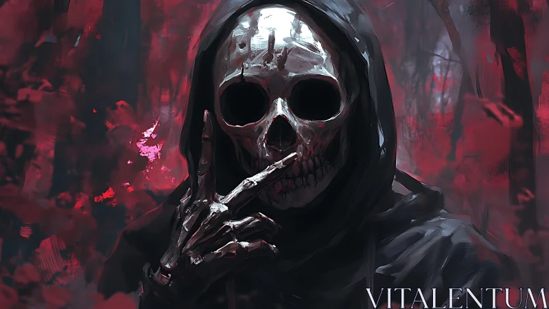 Hooded skeletal reaper signals silence in bloodred forest
