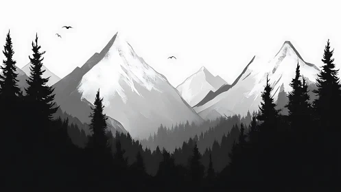 Monochrome conifer forest before layered alpine peaks.