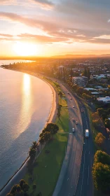 Aerial coastal arterial roadway under low-angle sunset illumination.