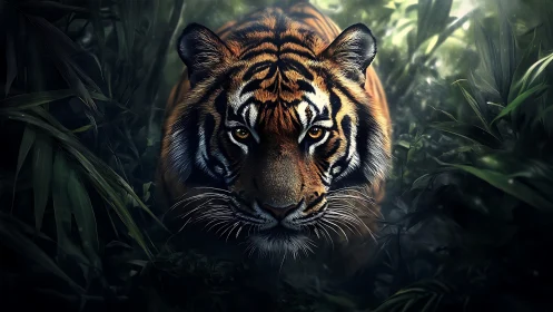 Tiger stalks through shadowed jungle, eyes burning bright.