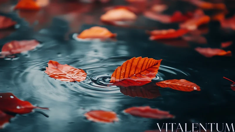 Shallow depth autumn leaves floating on rippling dark water