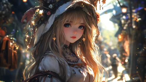 Blonde female figure in ornate hat within market street.