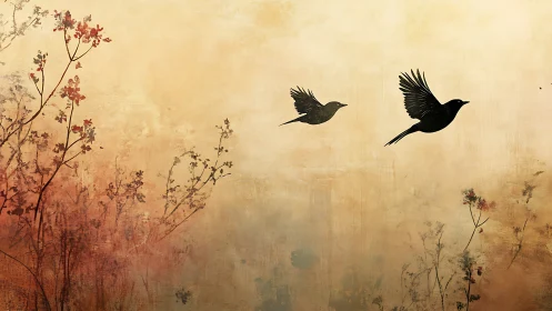 Two inky birds glide across a dusky, blossom-tinted sky