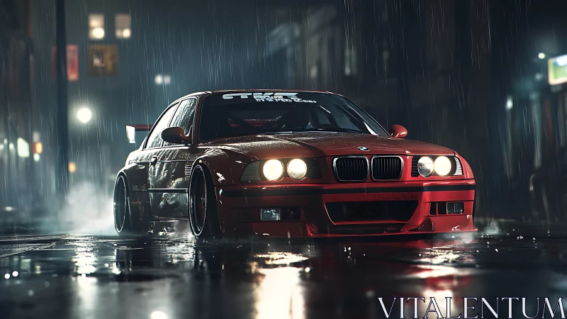 Lowered red sports coupe idles under cinematic night rain lighting