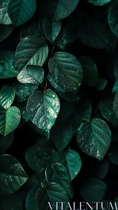 Macro close-up of glossy green foliage with raindrops in shade