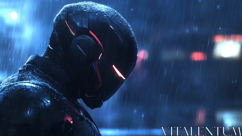 Cybernetic combat exosuit in neon rain, side profile study