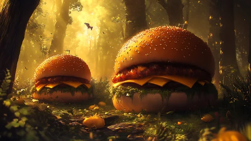 Giant cheeseburgers occupy a misty forest clearing at dusk