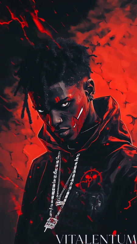 Hooded street figure in red-black digital portrait lighting