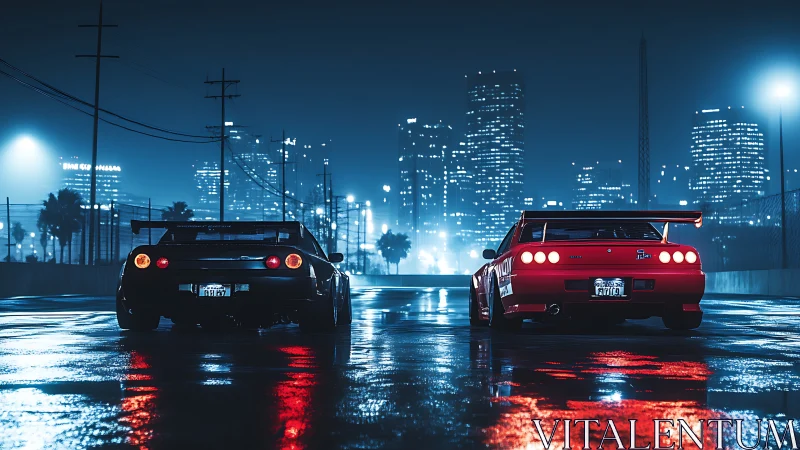 Street racers under neon city lights at night storm.