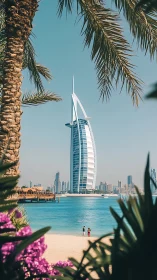Burj Al Arab hotel photographed from tropical garden perspective