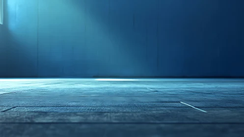 Oblique low-angle study of blue-tinted industrial interior floor.