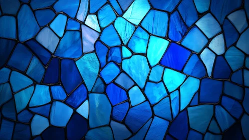 Abstract blue stained glass mosaic with geometric shapes design.