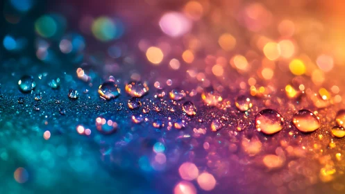 Macro water droplets sit on a multicolored reflective surface