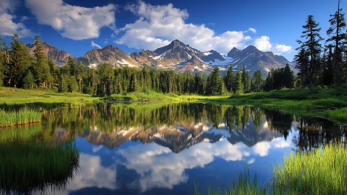 Alpine lake reflection with conifer forest and snowcapped peaks.