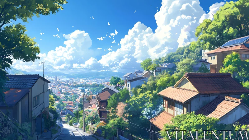 Sunlit hillside residential district with distant urban panorama.