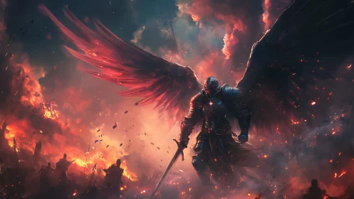 Fiery winged warrior strides through a blazing battlefield sky